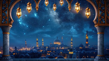 Islamic Mosque and lantern for Eid celebration banner poster design
