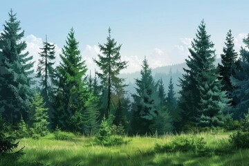 Fototapeta na wymiar A peaceful painting of a pine trees forest. Suitable for nature-themed designs.