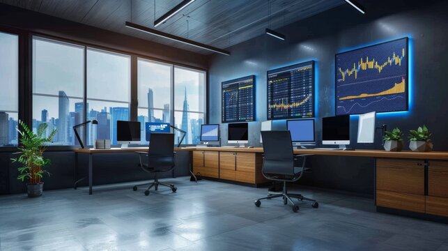 Modern finance office with stock market monitors and minimalist decor