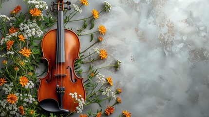 Beautiful composition with violin and flowers on grey background with copy space, top view