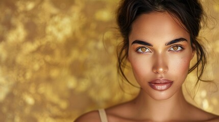 Closeup of natural beauty Eastern glamour woman isolated on gold background. Fashion, beauty, skincare, cosmetics concept. Commercial studio portrait for wallpaper, banner, poster with copy space