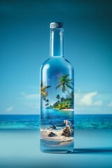 Bottle with a tropical island inside on a sea background. Vacation and nature concept. Surreal illustration for poster, banner, card