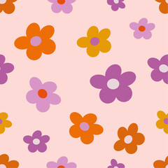 Seamless pattern with vintage groovy flowers. Trendy retro design. Hippie fun wallpaper. Hand drawn vector illustration