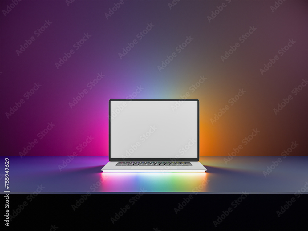 Fototapete 3d laptop computer with glow rainbow led light open with blank screen on dark glow light background.