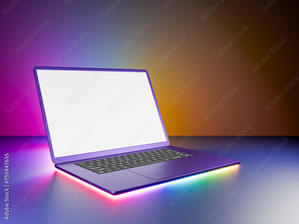 Poster 3d laptop computer with glow rainbow led light open with blank screen on dark glow light background.