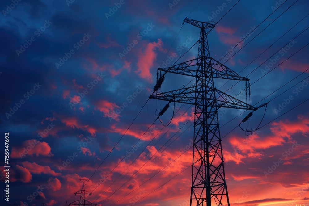 Poster a striking image of a power line against a beautiful sunset. perfect for energy or technology concep