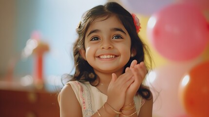 Birthday Joy: Adorable 4-Year-Old Indian Girl Clapping Excitedly generative ai