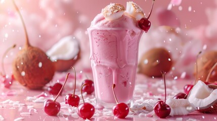 A luscious pink milkshake adorned with plump cherries and fluffy whipped cream