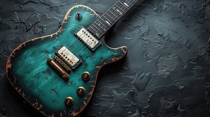 Green electric guitar on dark textured background. Top view with copy space