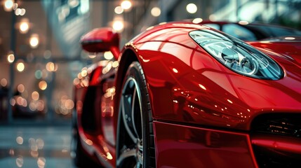 A vibrant red sports car parked in a busy parking lot. Great for automotive industry promotions.