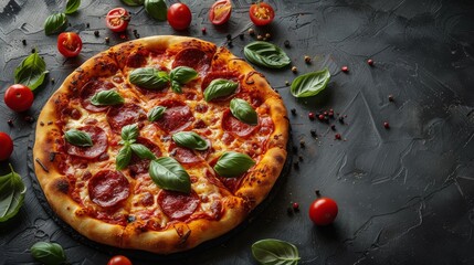 Pepperoni and Basil Pizza on Black Surface