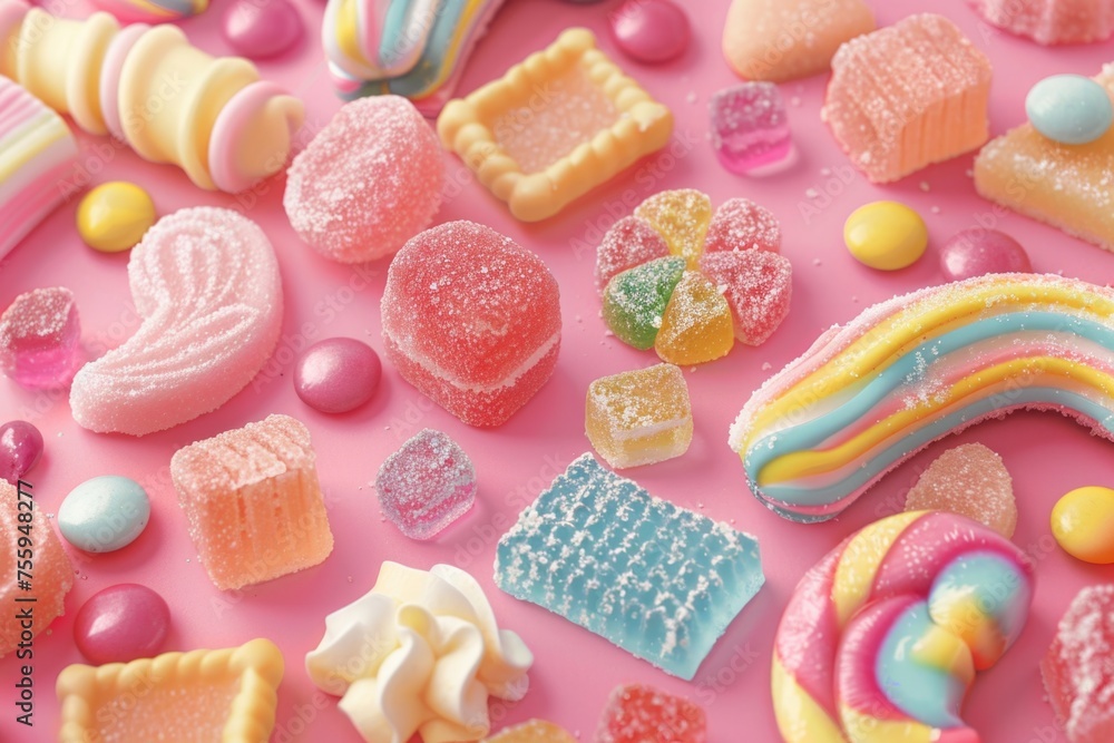 Poster a variety of candy displayed on a pink surface. perfect for sweet and festive concepts.