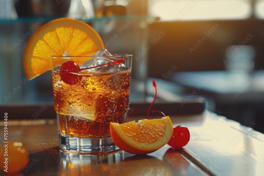 Poster a close-up view of a drink on a table. perfect for food and beverage concepts.