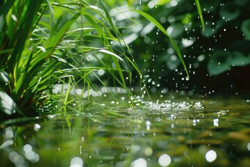 Close-up of water and grass in a stream. Suitable for nature and environmental themes. - obrazy, fototapety, plakaty