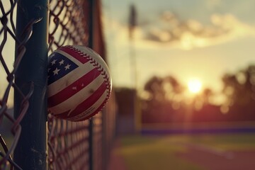 American dream background. Baseball ball in grid of fence on sunset lighting - obrazy, fototapety, plakaty