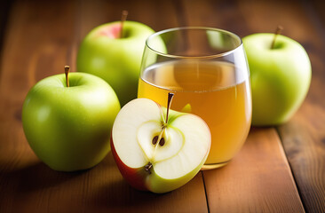 Glass of apple juice and apples on wooden table, on nature background - obrazy, fototapety, plakaty