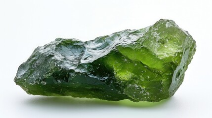 Exquisite and translucent Moldavite stone with its unique green textures, glowing on a pure white background