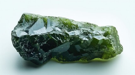 Exquisite and translucent Moldavite stone with its unique green textures, glowing on a pure white background