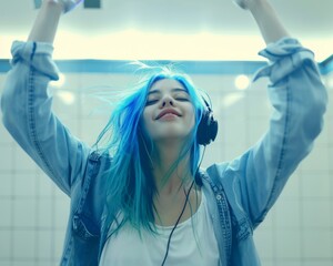 Woman with blue hair wearing headphones and listening to music.