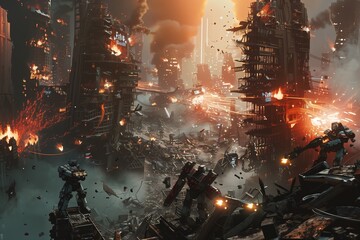 Robots Firefight in a Shattered Urban Realm. Envision a detailed and ultra-realistic scene where robots engage in a deadly exchange amidst a city undone by catastrophe.