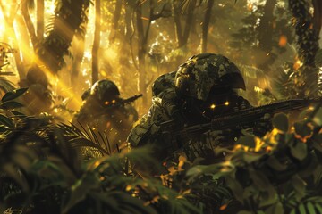 Stealth Robots in Dense Forest Combat. Design a vivid, ultra-realistic image that captures camouflaged robots ambushing from the shadows of a dense forest.