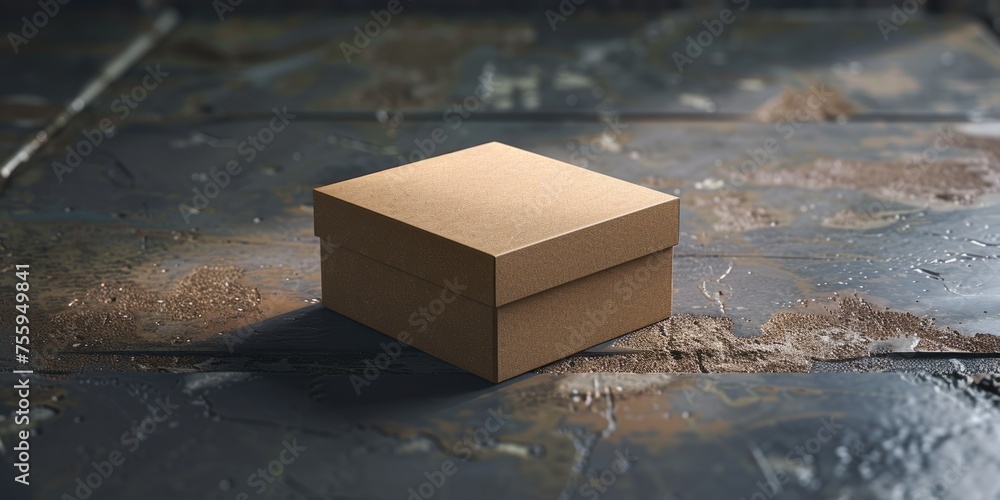 Poster a simple brown box on a tiled floor, suitable for packaging and storage concepts.