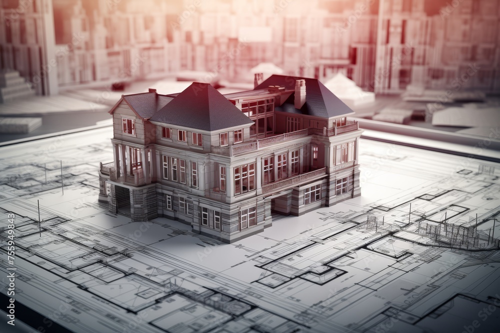 Poster construction of house on blueprints - building project and architecture concept