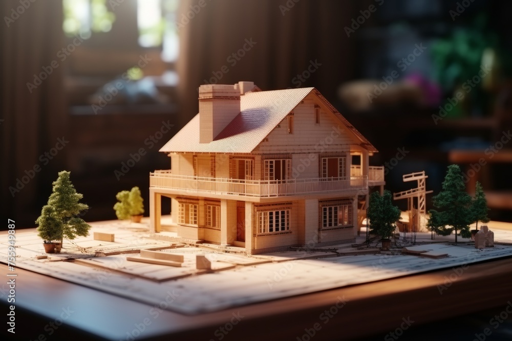 Poster construction of house on blueprints - building project and architecture concept