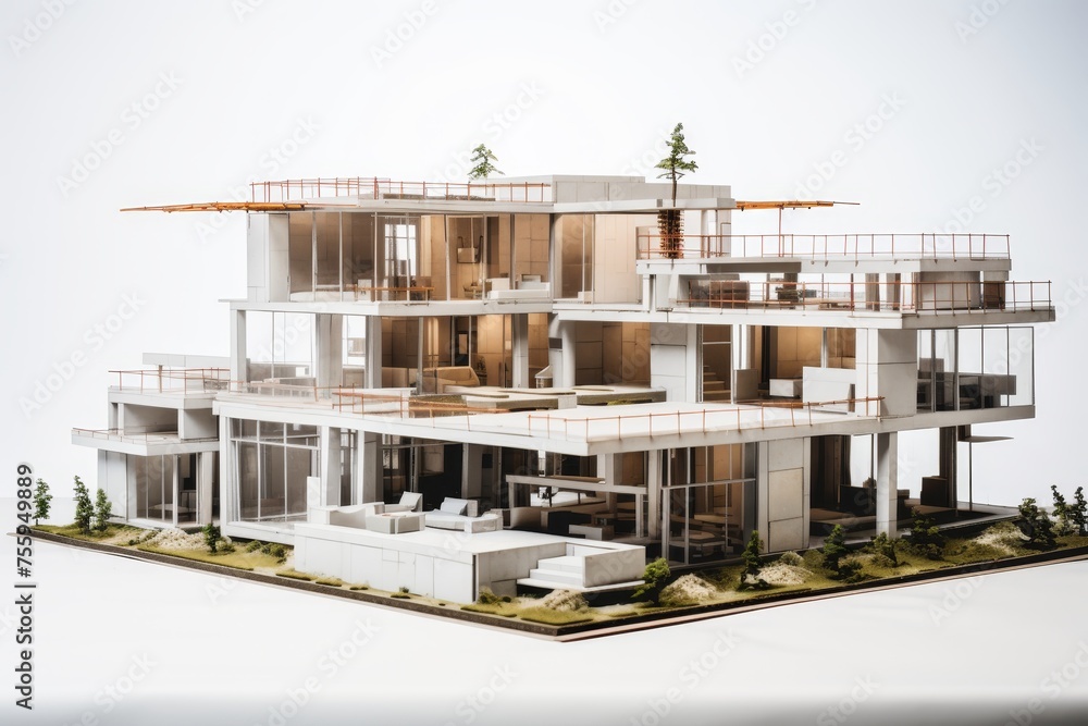 Poster construction of house on blueprints - building project and architecture concept