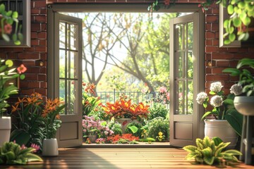 Open door with beautiful flowers in the garden, Spring background
