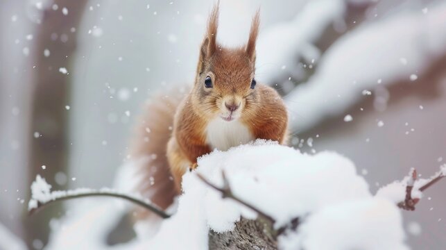 A squirrel perched on a snowy tree. Perfect for winter themes.
