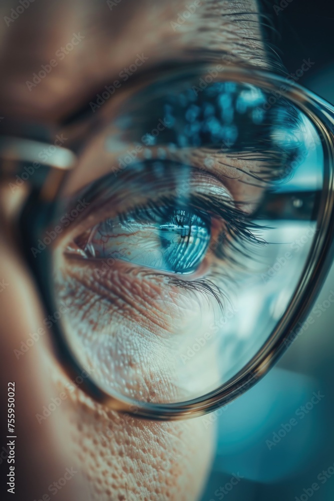 Poster a detailed close-up of a person wearing glasses. suitable for various concepts.