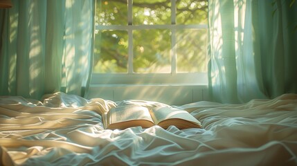 a book placed delicately on a bed with crisp white linen, bathed in the soft glow of morning light filtering through the curtains