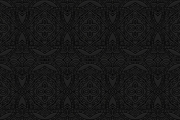 Embossed black background, decorative cover design. Geometric 3D pattern, handmade. Ornaments, arabesques, boho style. Design and decor in the best traditions of the peoples of the East, Asia, India