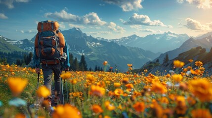 Naklejka premium Person Walking on Rocky Trail With Yellow Flowers