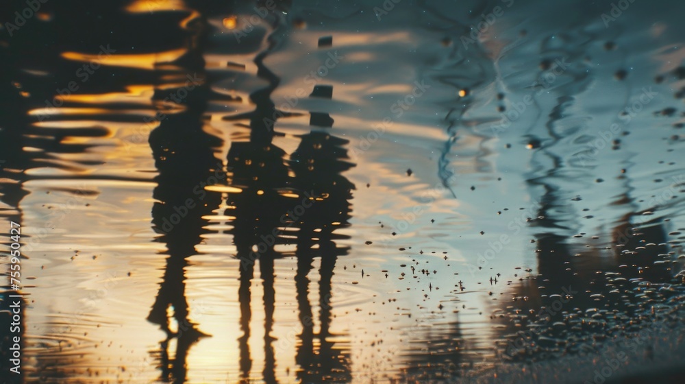 Poster Group of people standing on a puddle of water, suitable for various concepts and designs.