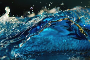 Close up of blue liquid with water droplets, suitable for various design projects. - obrazy, fototapety, plakaty
