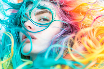 Beautiful woman with rainbow coloured hair and a wisp going around the eye, closeup of the face.