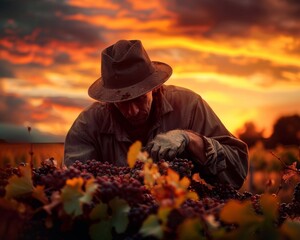 A man wearing a hat picking ripe grapes in a field.