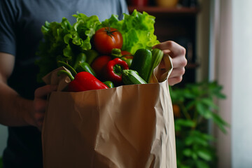 Delivery man courier holding a bag with vegetable and food