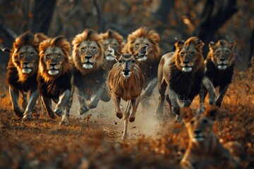 A group of lions are running after a deer - obrazy, fototapety, plakaty