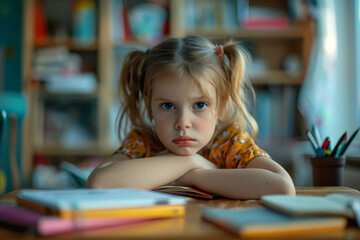 Sad tired frustrated girl sitting at table with many books in school at home. Angry grumpy kid doing homework. Learning difficulties, education, neurodiversity concept
