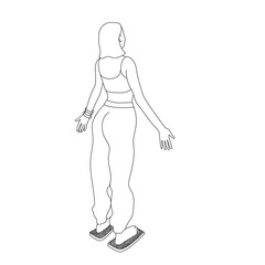 Female standing on needles vector outline illustration. Hand drawn woman standing on needle board, meditation yoga pose silhouette. Wellbeing illustration.
