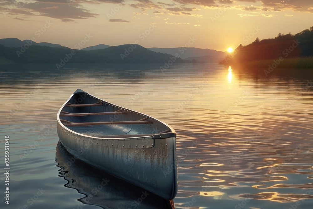 Poster a boat floating peacefully on a calm lake at sunset. ideal for travel or relaxation concepts.