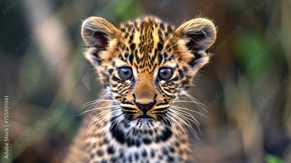 Poster a close up of a leopard's face with a blurry background. suitable for wildlife concepts.