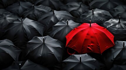 A red umbrella among a crowd of black umbrella. creating a sense of contrast and drawing attention to itself