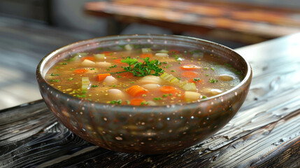 Fresh homemade vegetable soup in rustic bowl