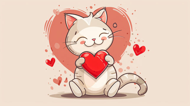Cute Cartoon Cat Holding a Red Heart
