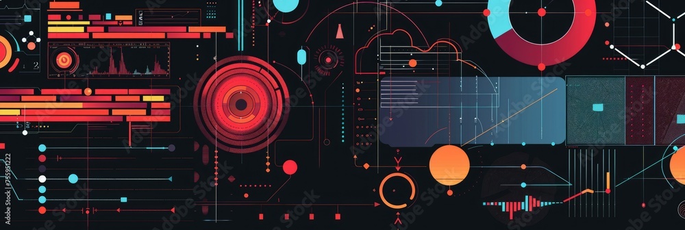 Poster abstract futuristic digital technology concept - a vibrant image with varied digital elements repres