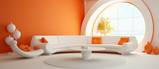 Orange and white minimalist living room .